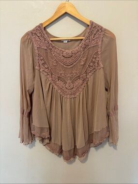 Ultra Pink Lace Yoke Peasant Blouse - Mauve